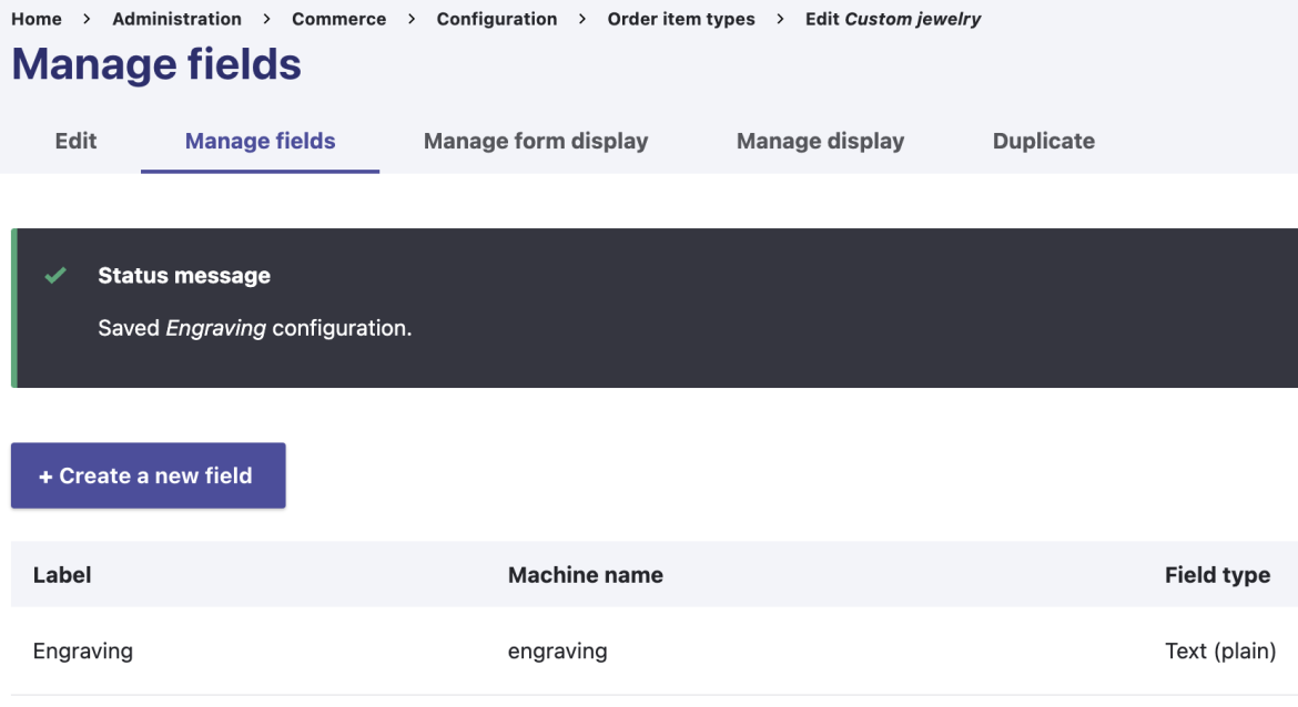 Adding an engraving field to a custom jewelry order item type.